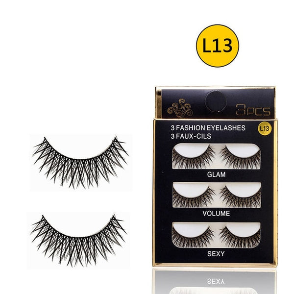 3 Pairs Artificial Fiber Eyelashes Natural Black Thick Cross Eyelashes Soft Curling Dense Eyelashes