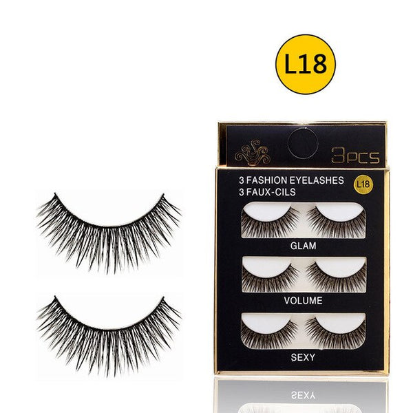 3 Pairs Artificial Fiber Eyelashes Natural Black Thick Cross Eyelashes Soft Curling Dense Eyelashes