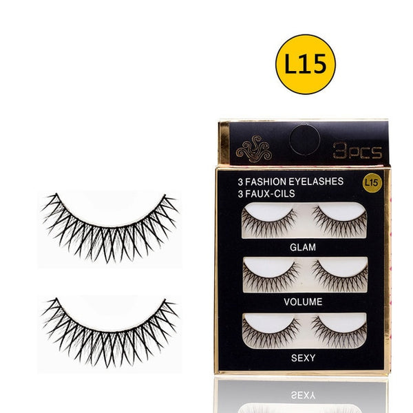 3 Pairs Artificial Fiber Eyelashes Natural Black Thick Cross Eyelashes Soft Curling Dense Eyelashes