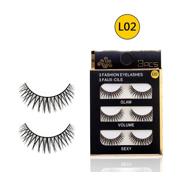 3 Pairs Artificial Fiber Eyelashes Natural Black Thick Cross Eyelashes Soft Curling Dense Eyelashes