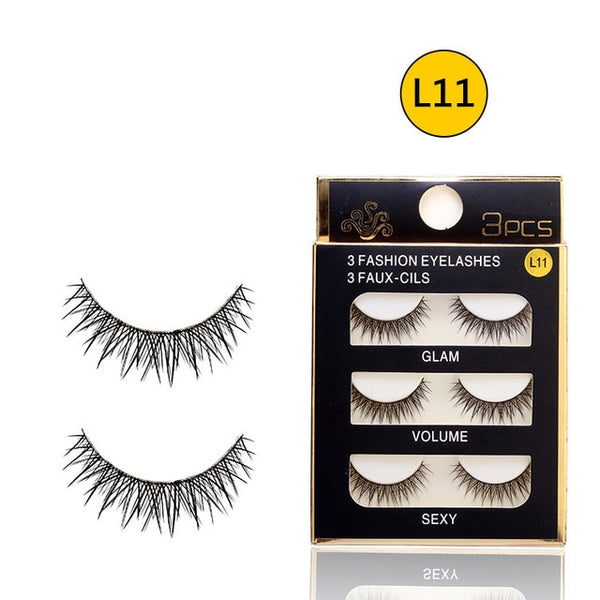 3 Pairs Artificial Fiber Eyelashes Natural Black Thick Cross Eyelashes Soft Curling Dense Eyelashes