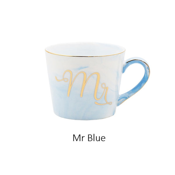 Handpainted Gold Monogram Natural Marble Porcelain Coffee Mug Mr and Mrs Tea Milk Cups and Mugs