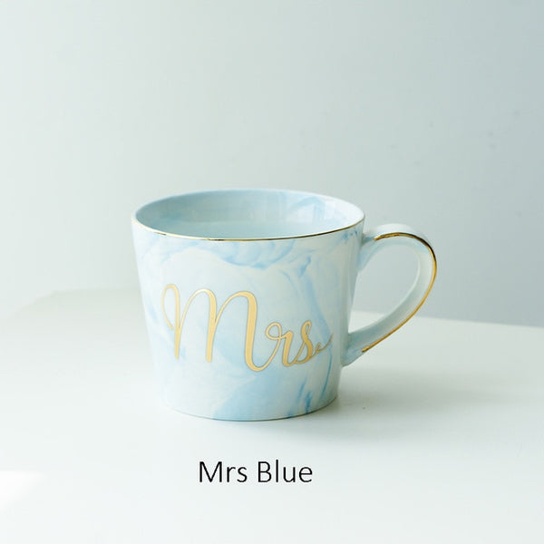 Handpainted Gold Monogram Natural Marble Porcelain Coffee Mug Mr and Mrs Tea Milk Cups and Mugs