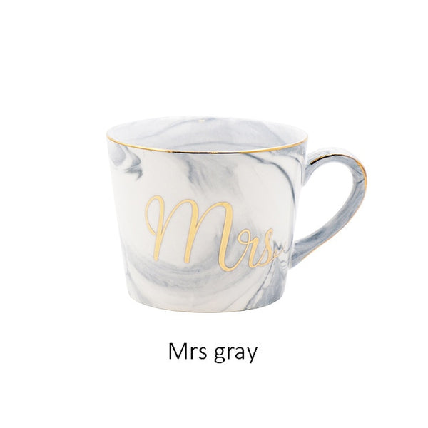 Handpainted Gold Monogram Natural Marble Porcelain Coffee Mug Mr and Mrs Tea Milk Cups and Mugs