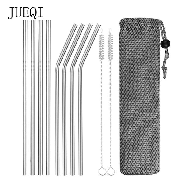 Reusable Metal Drinking Straws 304 Stainless Steel Sturdy Bent Straight Drinks Straw with Cleaning Brush