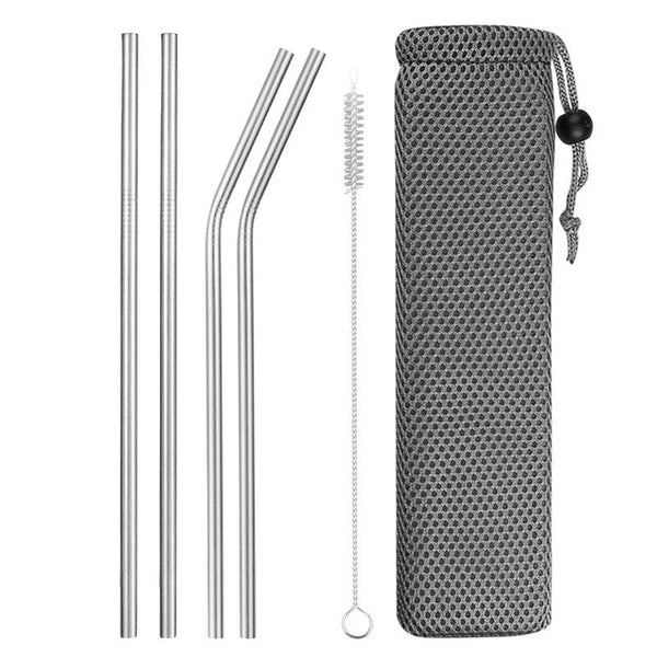 Reusable Metal Drinking Straws 304 Stainless Steel Sturdy Bent Straight Drinks Straw with Cleaning Brush