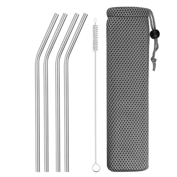 Reusable Metal Drinking Straws 304 Stainless Steel Sturdy Bent Straight Drinks Straw with Cleaning Brush