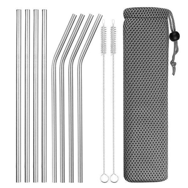 Reusable Metal Drinking Straws 304 Stainless Steel Sturdy Bent Straight Drinks Straw with Cleaning Brush