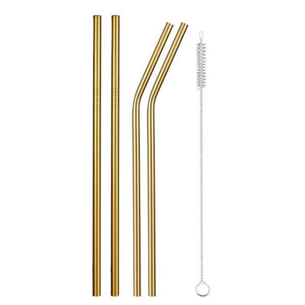 Reusable Metal Drinking Straws 304 Stainless Steel Sturdy Bent Straight Drinks Straw with Cleaning Brush