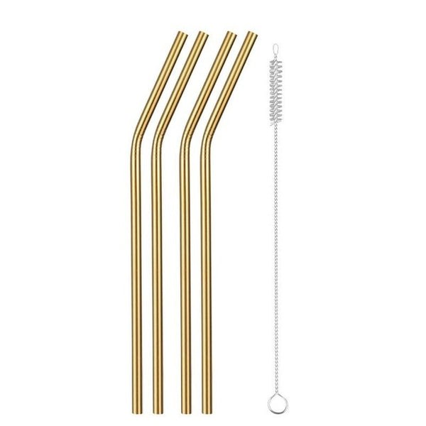 Reusable Metal Drinking Straws 304 Stainless Steel Sturdy Bent Straight Drinks Straw with Cleaning Brush