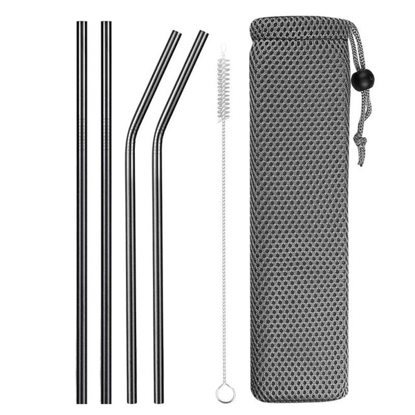 Reusable Metal Drinking Straws 304 Stainless Steel Sturdy Bent Straight Drinks Straw with Cleaning Brush