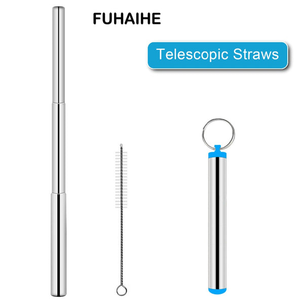 Portable Stainless Steel Telescopic Drinking Straw Travel Straw Reusable Straw with 1 Brush and Metal Carry Case