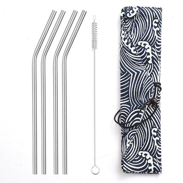 Reusable Metal Drinking Straws 304 Stainless Steel Sturdy Bent Straight Straw with Cleaning Brush and Bag