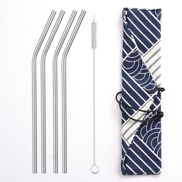 Reusable Metal Drinking Straws 304 Stainless Steel Sturdy Bent Straight Straw with Cleaning Brush and Bag