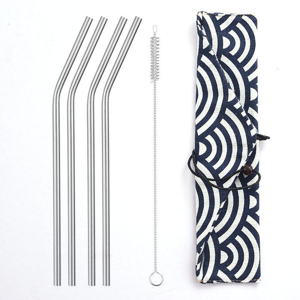 Reusable Metal Drinking Straws 304 Stainless Steel Sturdy Bent Straight Straw with Cleaning Brush and Bag