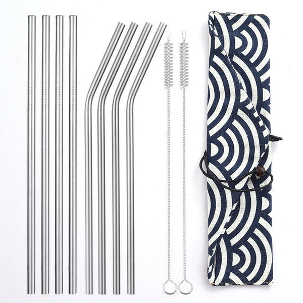 Reusable Metal Drinking Straws 304 Stainless Steel Sturdy Bent Straight Straw with Cleaning Brush and Bag