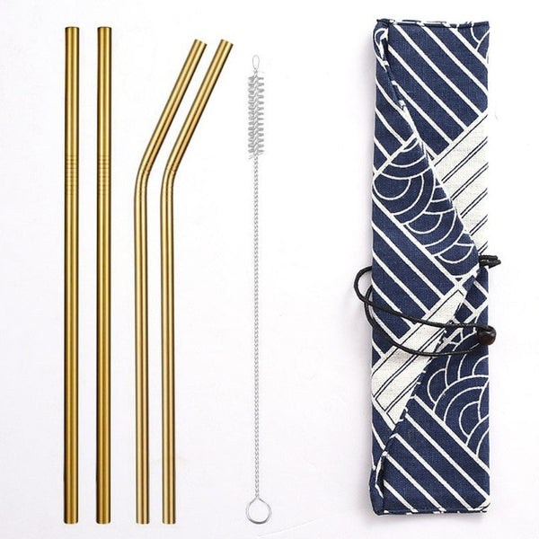 Reusable Metal Drinking Straws 304 Stainless Steel Sturdy Bent Straight Straw with Cleaning Brush and Bag