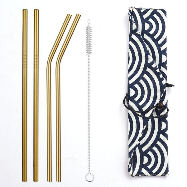 Reusable Metal Drinking Straws 304 Stainless Steel Sturdy Bent Straight Straw with Cleaning Brush and Bag