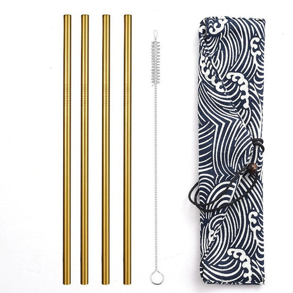 Reusable Metal Drinking Straws 304 Stainless Steel Sturdy Bent Straight Straw with Cleaning Brush and Bag