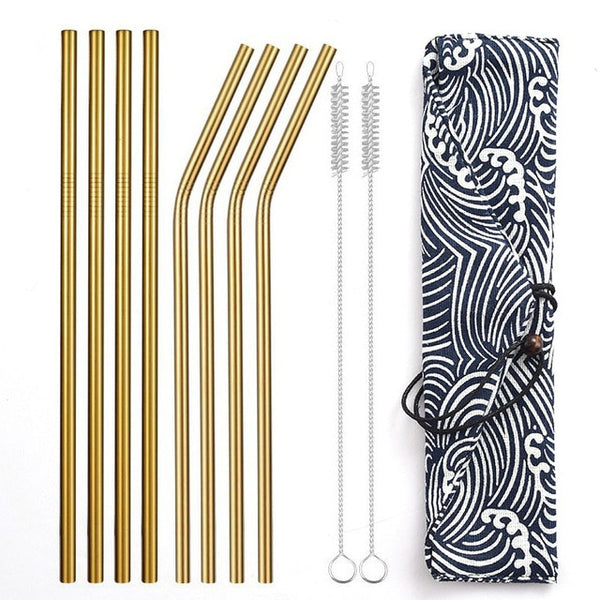 Reusable Metal Drinking Straws 304 Stainless Steel Sturdy Bent Straight Straw with Cleaning Brush and Bag