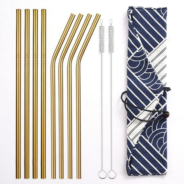 Reusable Metal Drinking Straws 304 Stainless Steel Sturdy Bent Straight Straw with Cleaning Brush and Bag