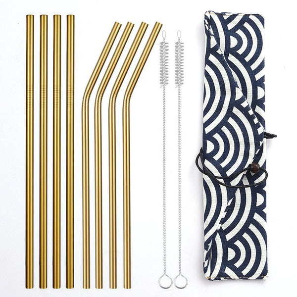 Reusable Metal Drinking Straws 304 Stainless Steel Sturdy Bent Straight Straw with Cleaning Brush and Bag