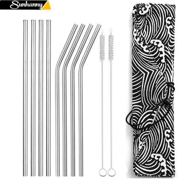 Reusable Metal Drinking Straws 304 Stainless Steel Sturdy Bent Straight Straw with Cleaning Brush and Bag