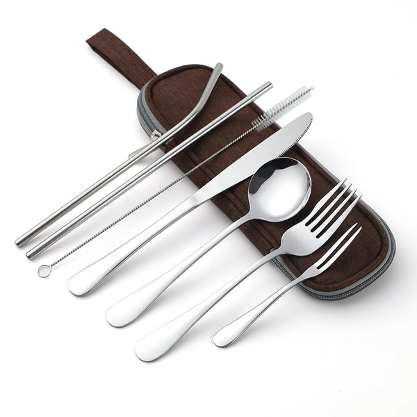 Dinnerware Set Travel Camping Cutlery Set Reusable Silverware with Metal Straw Spoon Fork Chopsticks and Portable Case