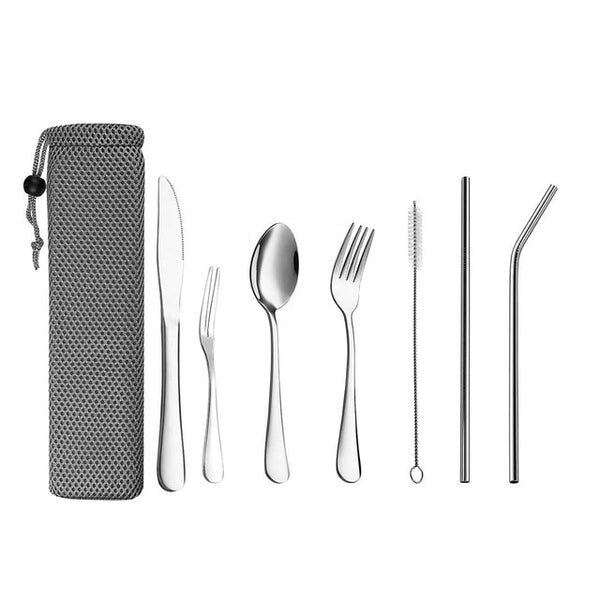 Dinnerware Set Travel Camping Cutlery Set Reusable Silverware with Metal Straw Spoon Fork Chopsticks and Portable Case