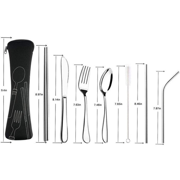 Dinnerware Set Travel Camping Cutlery Set Reusable Silverware with Metal Straw Spoon Fork Chopsticks and Portable Case