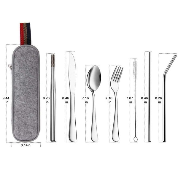 Dinnerware Set Travel Camping Cutlery Set Reusable Silverware with Metal Straw Spoon Fork Chopsticks and Portable Case