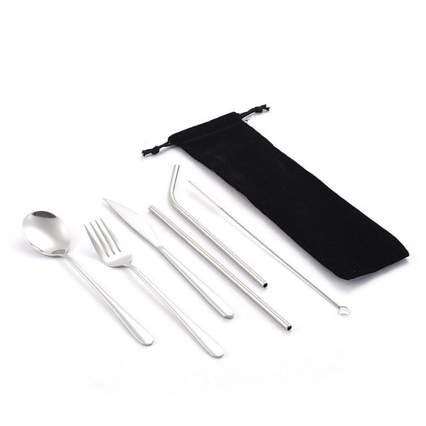 Dinnerware Set Travel Camping Cutlery Set Reusable Silverware with Metal Straw Spoon Fork Chopsticks and Portable Case