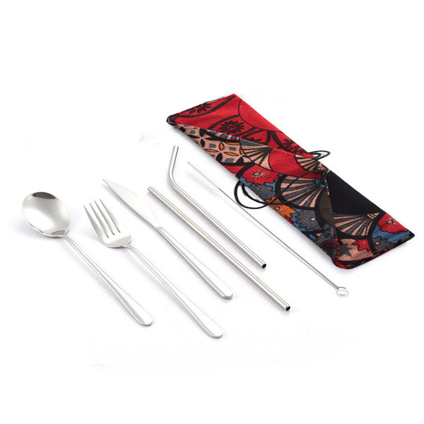 Dinnerware Set Travel Camping Cutlery Set Reusable Silverware with Metal Straw Spoon Fork Chopsticks and Portable Case