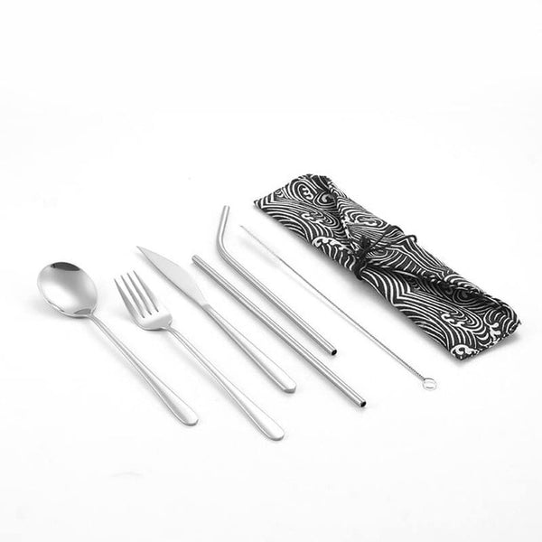 Dinnerware Set Travel Camping Cutlery Set Reusable Silverware with Metal Straw Spoon Fork Chopsticks and Portable Case