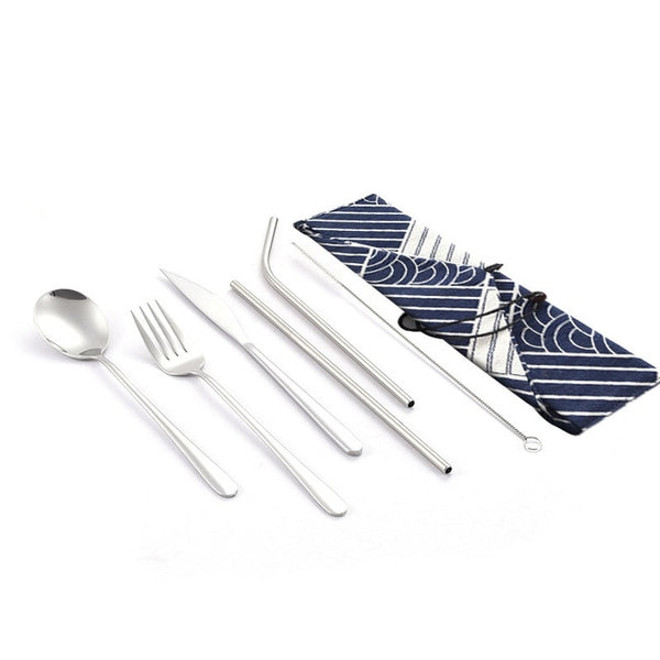 Dinnerware Set Travel Camping Cutlery Set Reusable Silverware with Metal Straw Spoon Fork Chopsticks and Portable Case