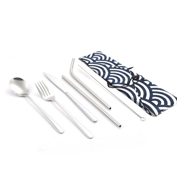 Dinnerware Set Travel Camping Cutlery Set Reusable Silverware with Metal Straw Spoon Fork Chopsticks and Portable Case