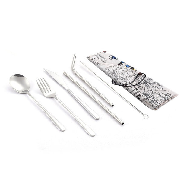 Dinnerware Set Travel Camping Cutlery Set Reusable Silverware with Metal Straw Spoon Fork Chopsticks and Portable Case