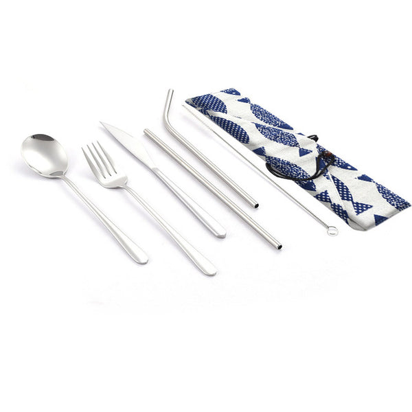 Dinnerware Set Travel Camping Cutlery Set Reusable Silverware with Metal Straw Spoon Fork Chopsticks and Portable Case