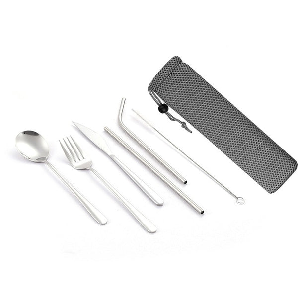 Dinnerware Set Travel Camping Cutlery Set Reusable Silverware with Metal Straw Spoon Fork Chopsticks and Portable Case